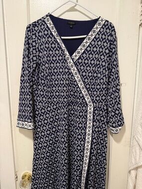 Talbots Navy and White Geometric Faux Wrap Dress